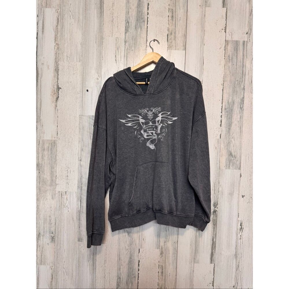 H&M Divided Hoodie Womens XXL Dark Grey Acid Wash Queen of Your Heart Graphic